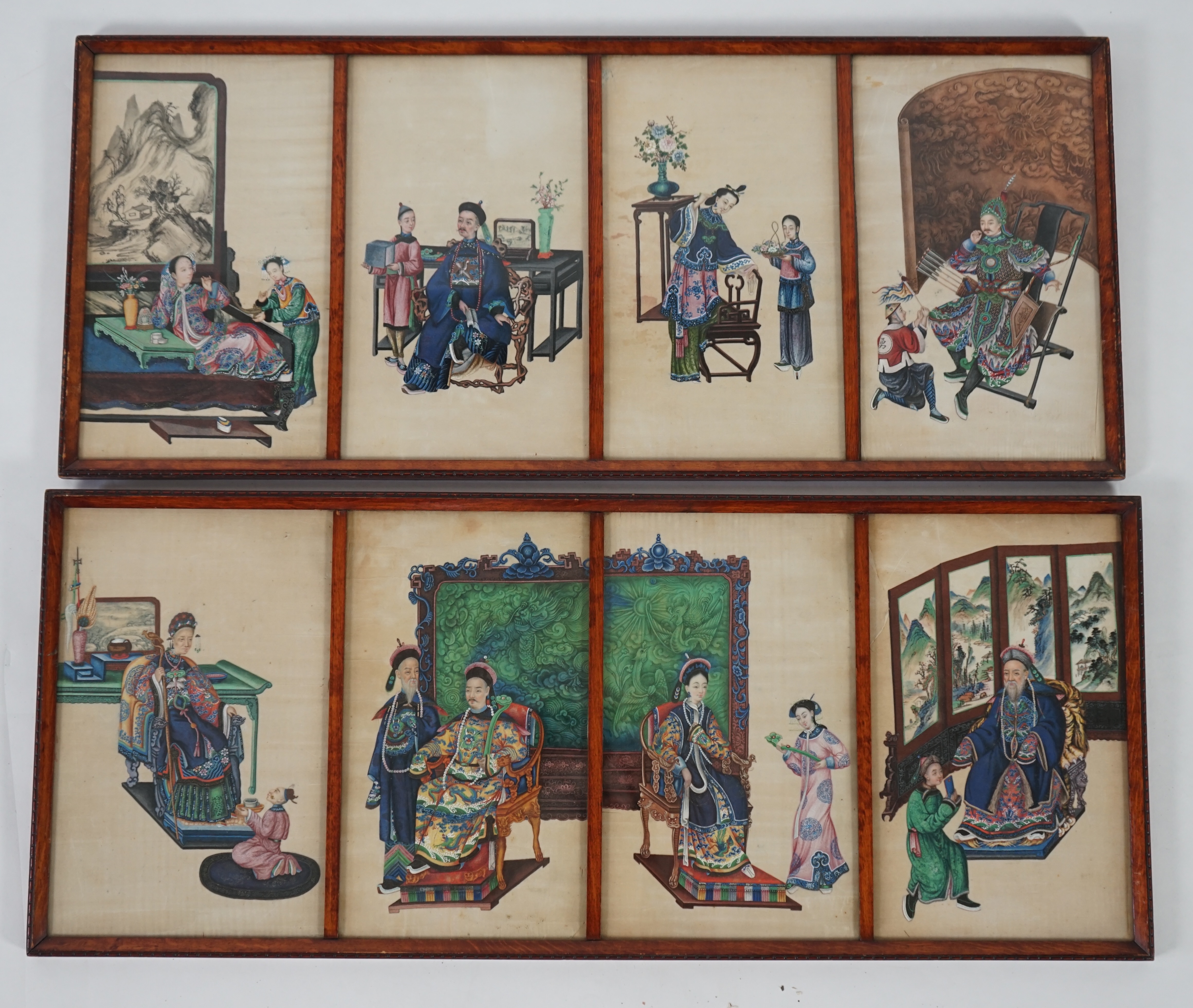 A set of eight Chinese pith paintings of an emperor and empress, court dignitaries and attendants, mid 19th century